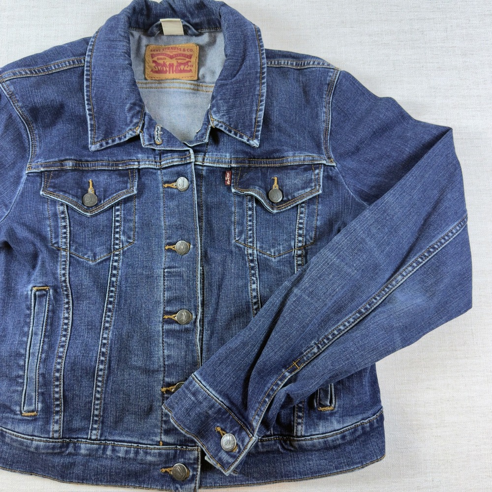 Levis Womens XL Denim Trucker Jacket Dark Wash Blue Cotton Jean Coat